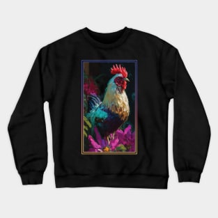 Chicken Rooster Vibrant Tropical Flower Tall Digital Oil Painting Portrait Crewneck Sweatshirt